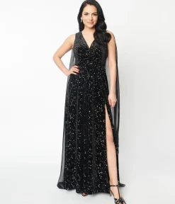 Unique Vintage Black Velvet Constellation Cape Gown