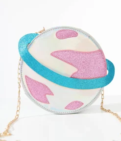 Unique Vintage Blue & Pink Glitter Saturn Planet Crossbody Bag