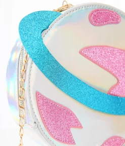 Unique Vintage Blue & Pink Glitter Saturn Planet Crossbody Bag