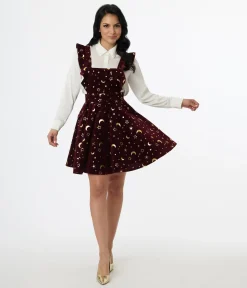 Unique Vintage Burgundy & Gold Moon & Star Corduroy Ruffle Pinafore