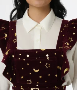 Unique Vintage Burgundy & Gold Moon & Star Corduroy Ruffle Pinafore
