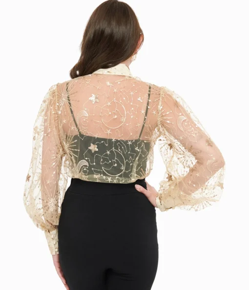 Unique Vintage Champagne Celestial Sequin Sheer Gwen Blouse