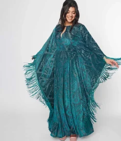Unique Vintage Emerald Floral Fringe Flutter Sleeve Caftan