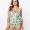 Unique Vintage Green & Pink Monstera Leaf Solana Tankini Swim Top