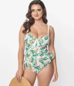Unique Vintage Green & Pink Monstera Leaf Solana Tankini Swim Top