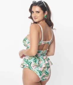 Unique Vintage Green & Pink Monstera Leaf Solana Tankini Swim Top