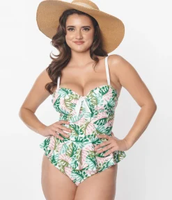 Unique Vintage Green & Pink Monstera Leaf Solana Tankini Swim Top