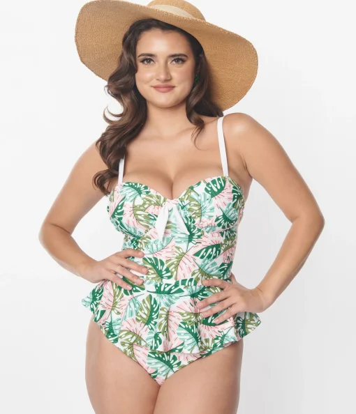 Unique Vintage Green & Pink Monstera Leaf Solana Tankini Swim Top