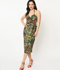 Unique Vintage Green Jungle Cat Print Leilani Sarong Dress