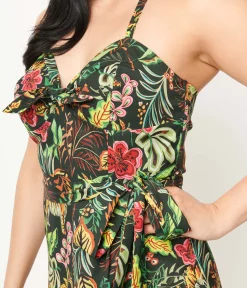 Unique Vintage Green Jungle Cat Print Leilani Sarong Dress
