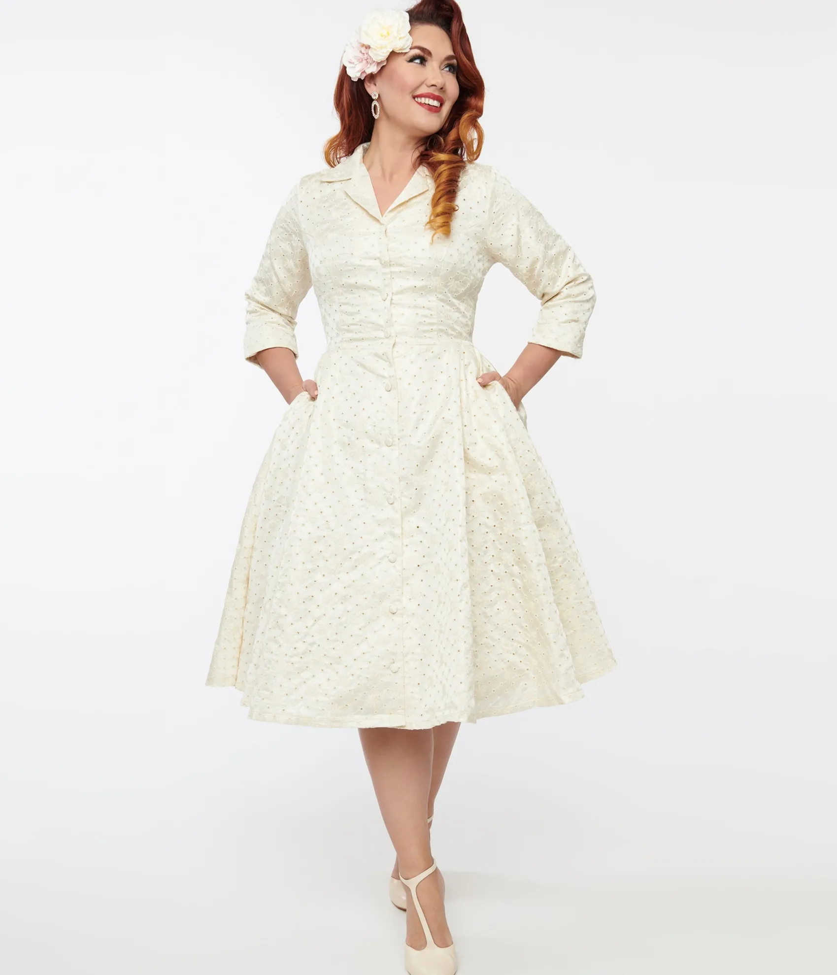 Unique Vintage Ivory & Gold Brocade Swing Dress