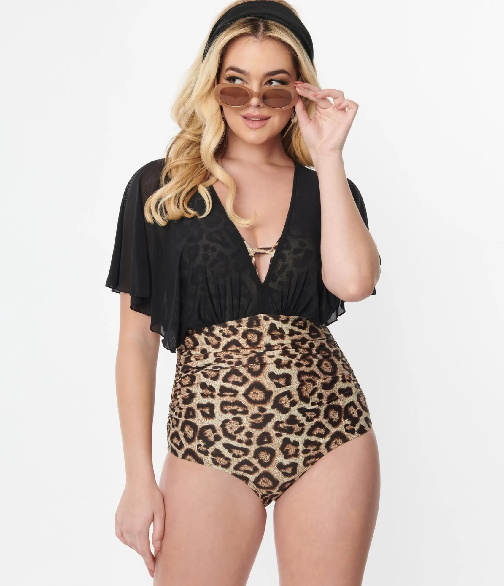 Unique Vintage Leopard & Black Mesh Sleeved Torrey Swimsuit
