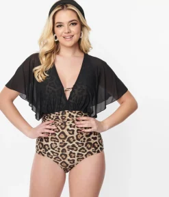 Unique Vintage Leopard & Black Mesh Sleeved Torrey Swimsuit