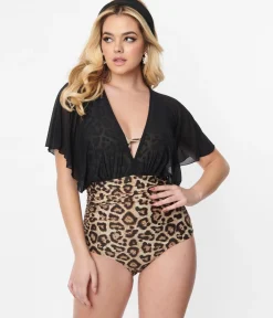Unique Vintage Leopard & Black Mesh Sleeved Torrey Swimsuit