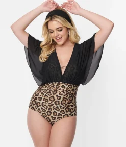 Unique Vintage Leopard & Black Mesh Sleeved Torrey Swimsuit