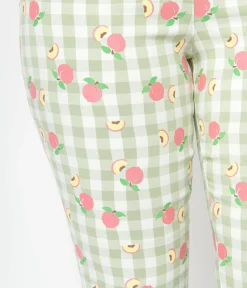Unique Vintage Light Green Gingham & Peaches Rachelle Capri Pants