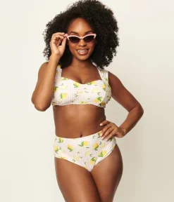 Unique Vintage Light Pink Stripes & Lemons Ruched & Ready Swim Top