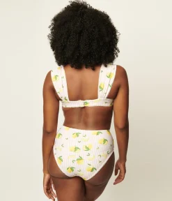 Unique Vintage Light Pink Stripes & Lemons Ruched & Ready Swim Top