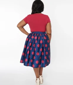 Unique Vintage Navy & Berry Polka Dot Gellar Swing Skirt