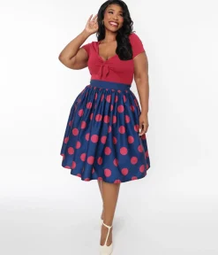Unique Vintage Navy & Berry Polka Dot Gellar Swing Skirt