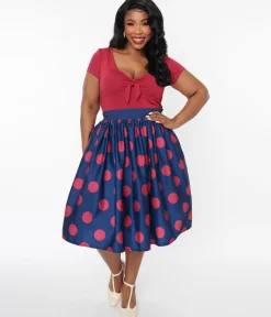 Unique Vintage Navy & Berry Polka Dot Gellar Swing Skirt