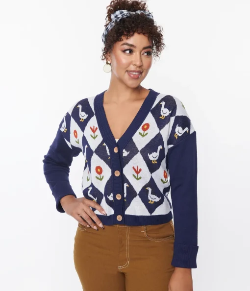Unique Vintage Navy & Duck Argyle Sweater Cardigan