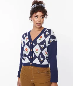 Unique Vintage Navy & Duck Argyle Sweater Cardigan