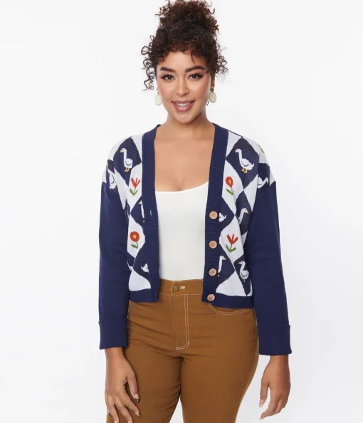 Unique Vintage Navy & Duck Argyle Sweater Cardigan