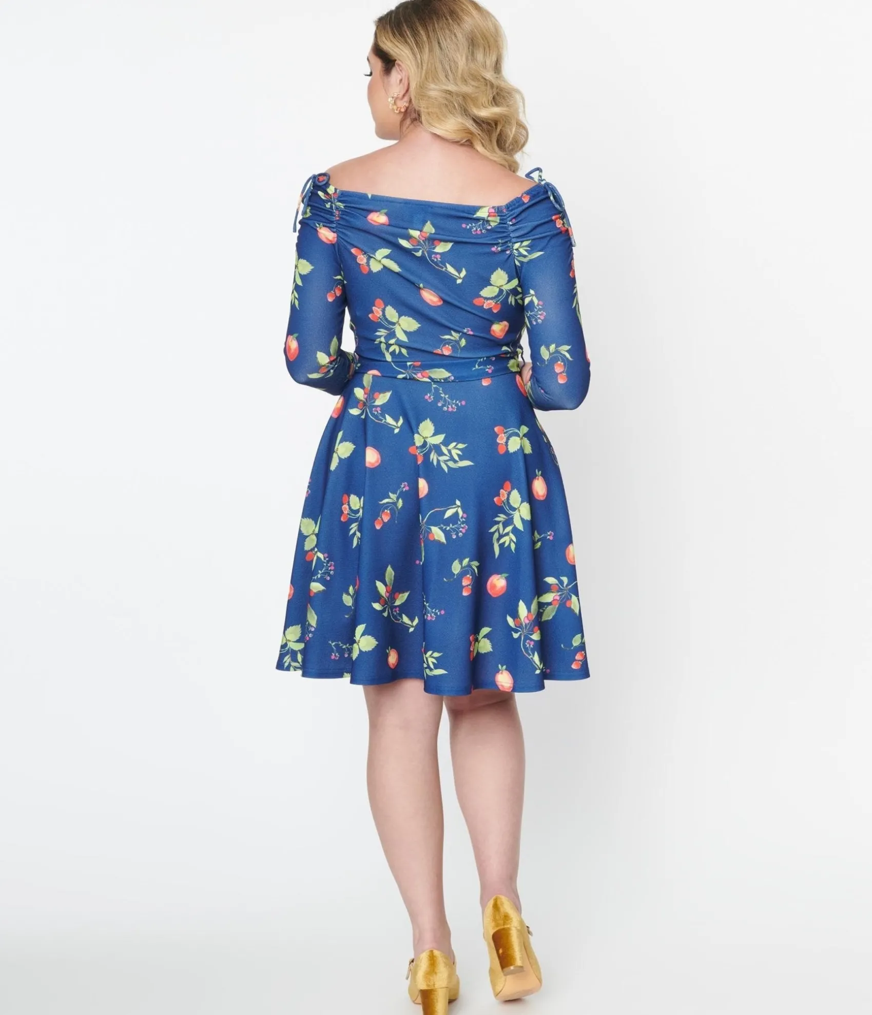 Unique Vintage Navy & Orchard Print Off Shoulder Flare Dress