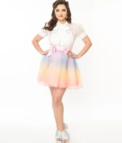 Unique Vintage Pastel Rainbow Ombre Tulle Suspender Mini Skirt