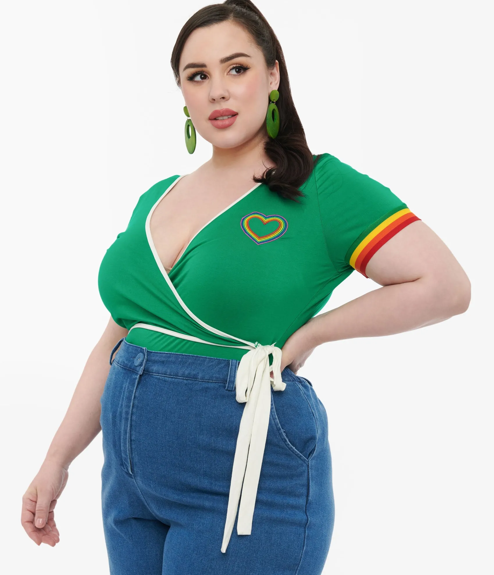 Unique Vintage Plus Size 1970s Green & Rainbow Heart Surplice Bodysuit