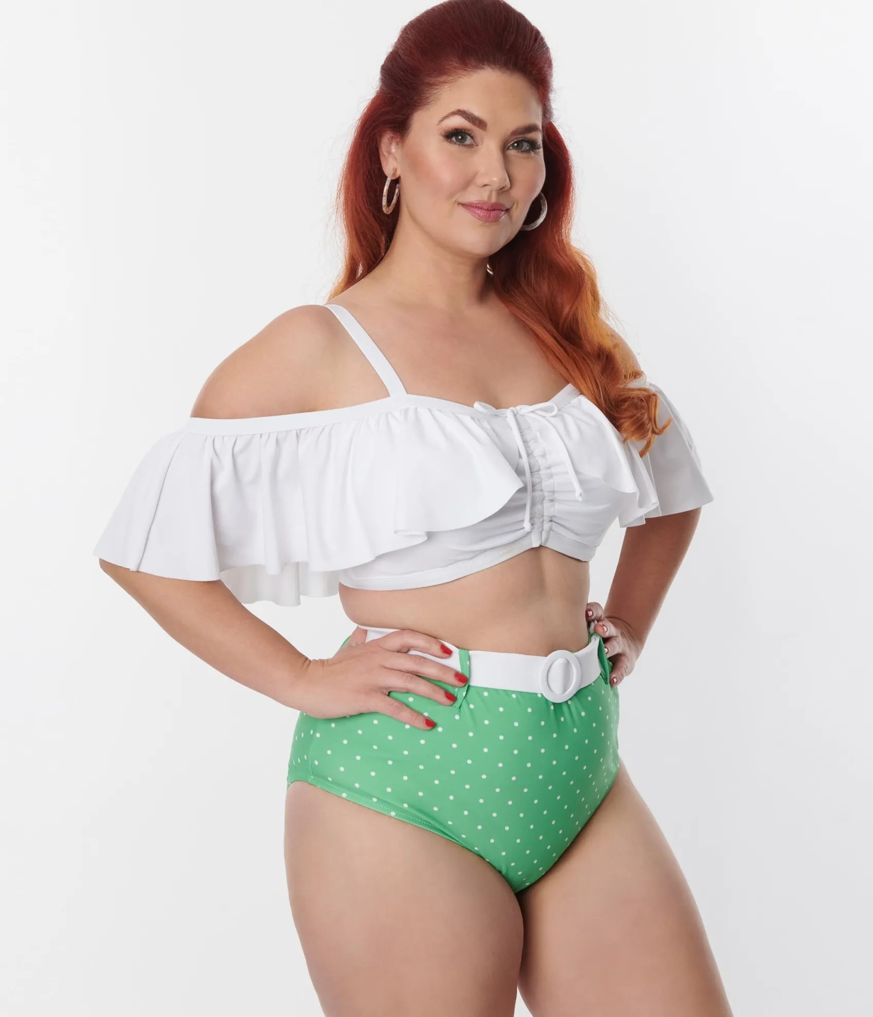 Unique Vintage Plus Size White Ruffle Swim Top