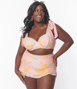 Unique Vintage Plus Size Avocado & Multicolor Daisy Print Totally Tied Up Swim Top