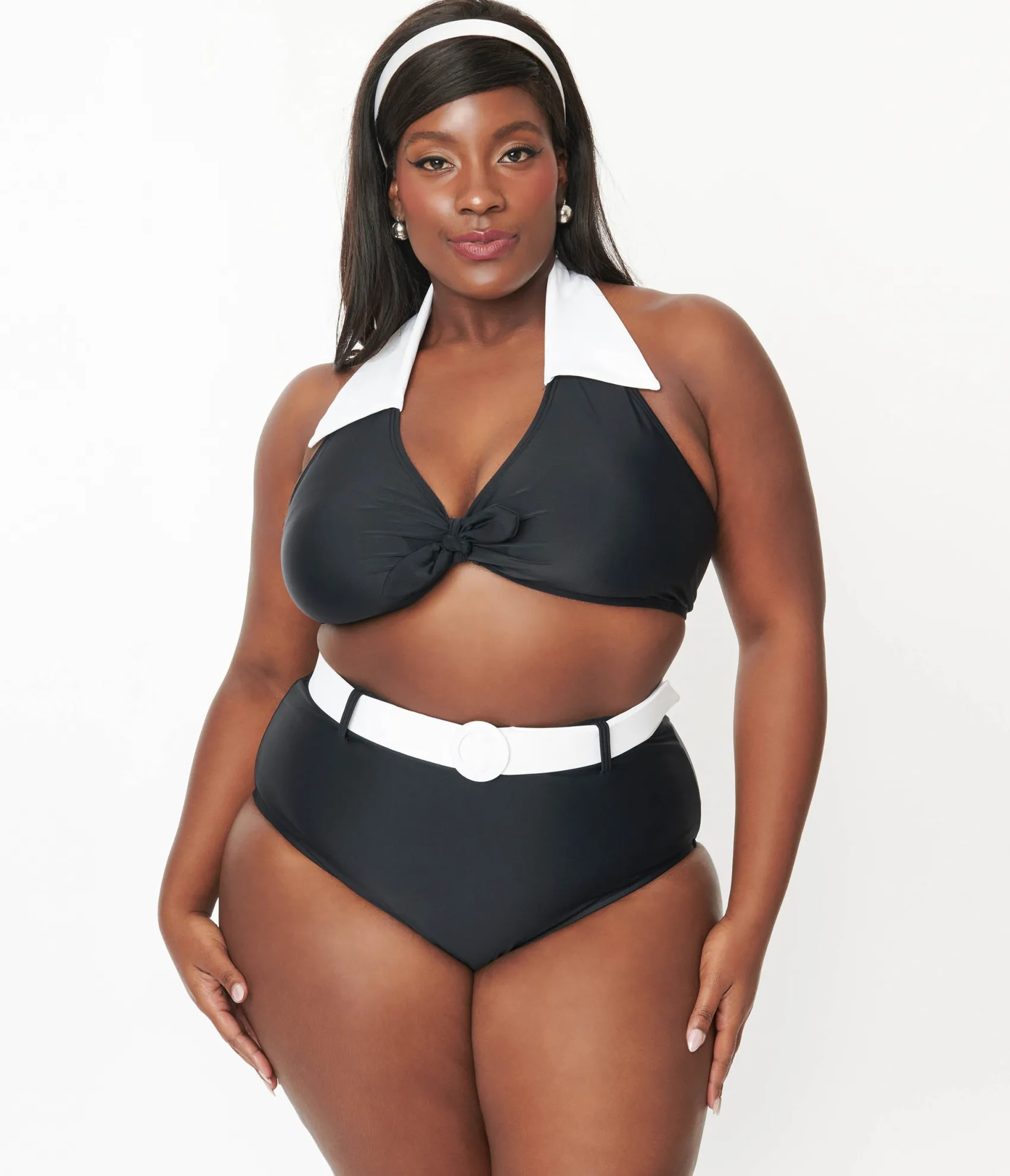 Unique Vintage Plus Size Black & White Belted Swim Bottoms