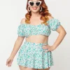 Unique Vintage Plus Size 1940s Turquoise Retro Hearts Off The Shoulder Swim Top
