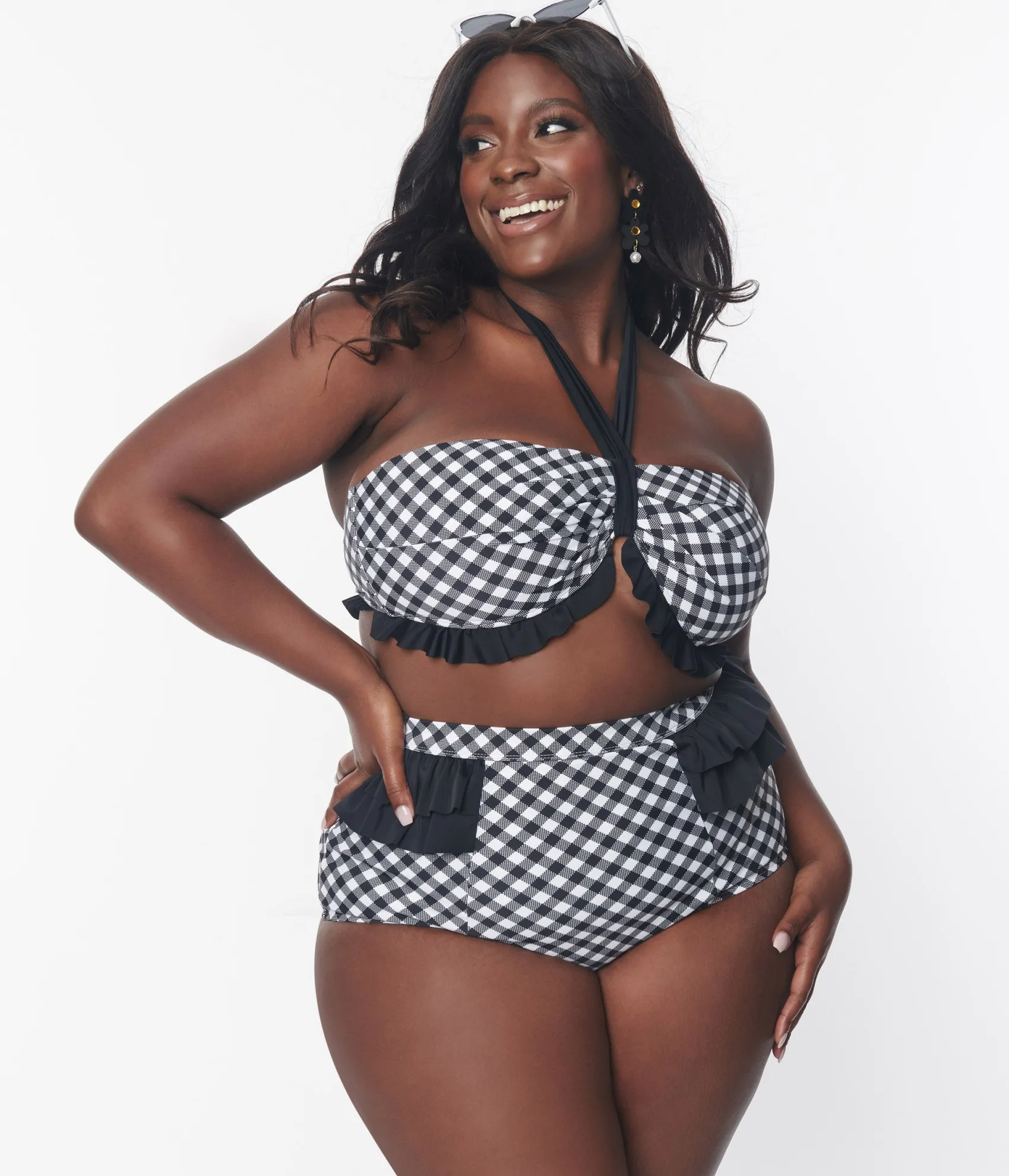 Unique Vintage Plus Size Black & White Bias Gingham Twist Front Halter Swim Top