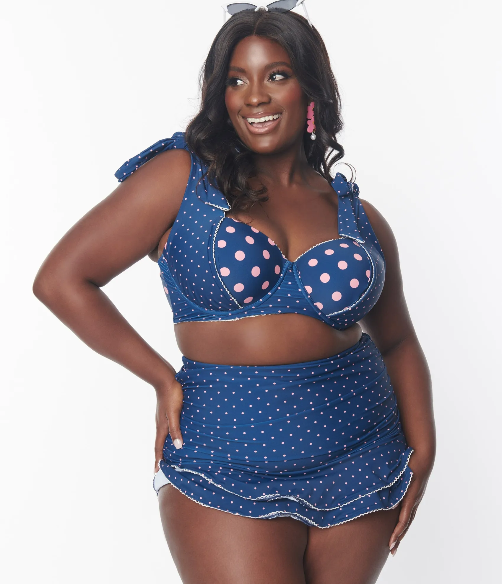 Unique Vintage Plus Size Navy & Pink Pin Dot Alice Swim Skirt