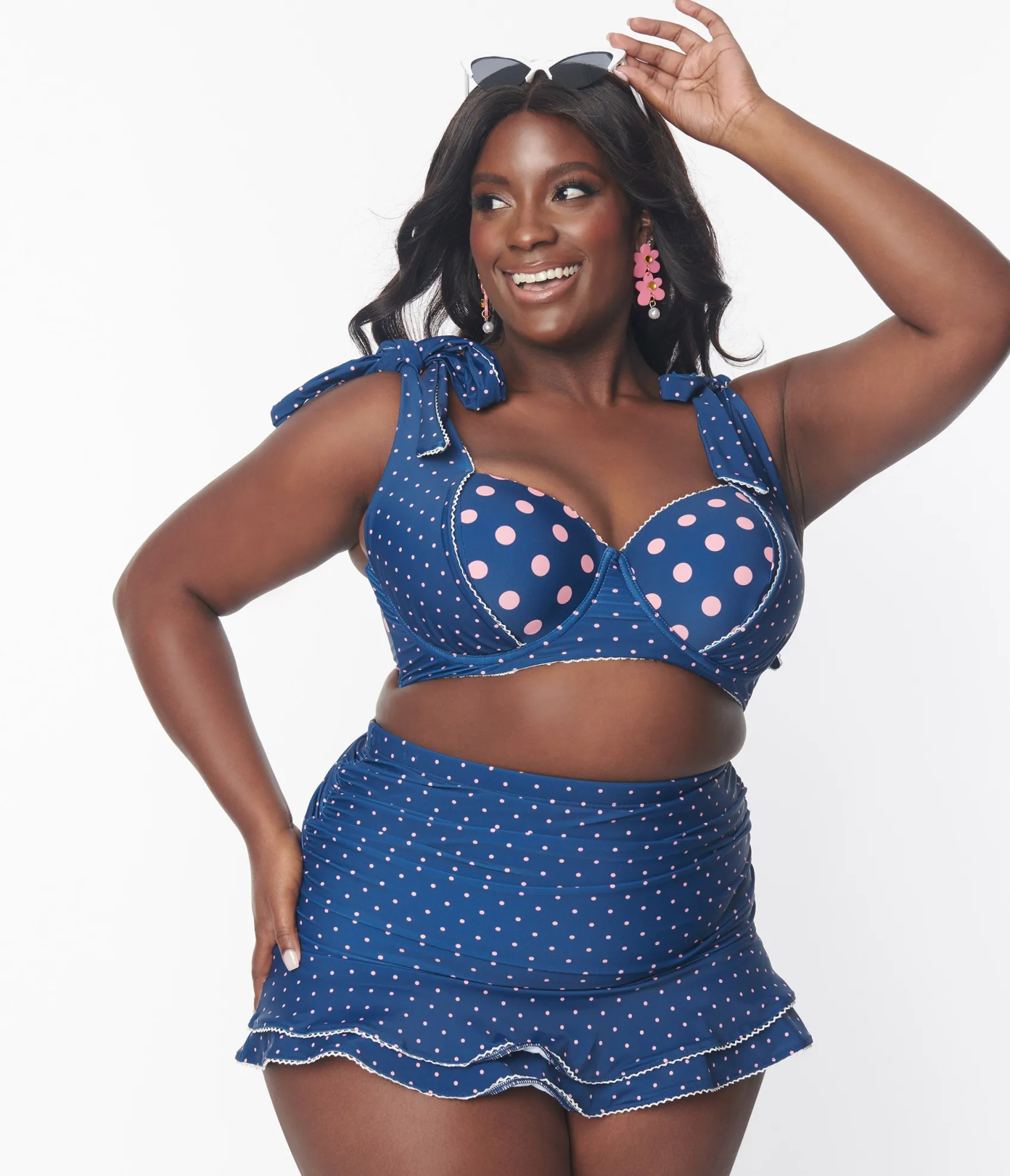 Unique Vintage Plus Size Navy & Pink Pin Dot Totally Tied Up Swim Top
