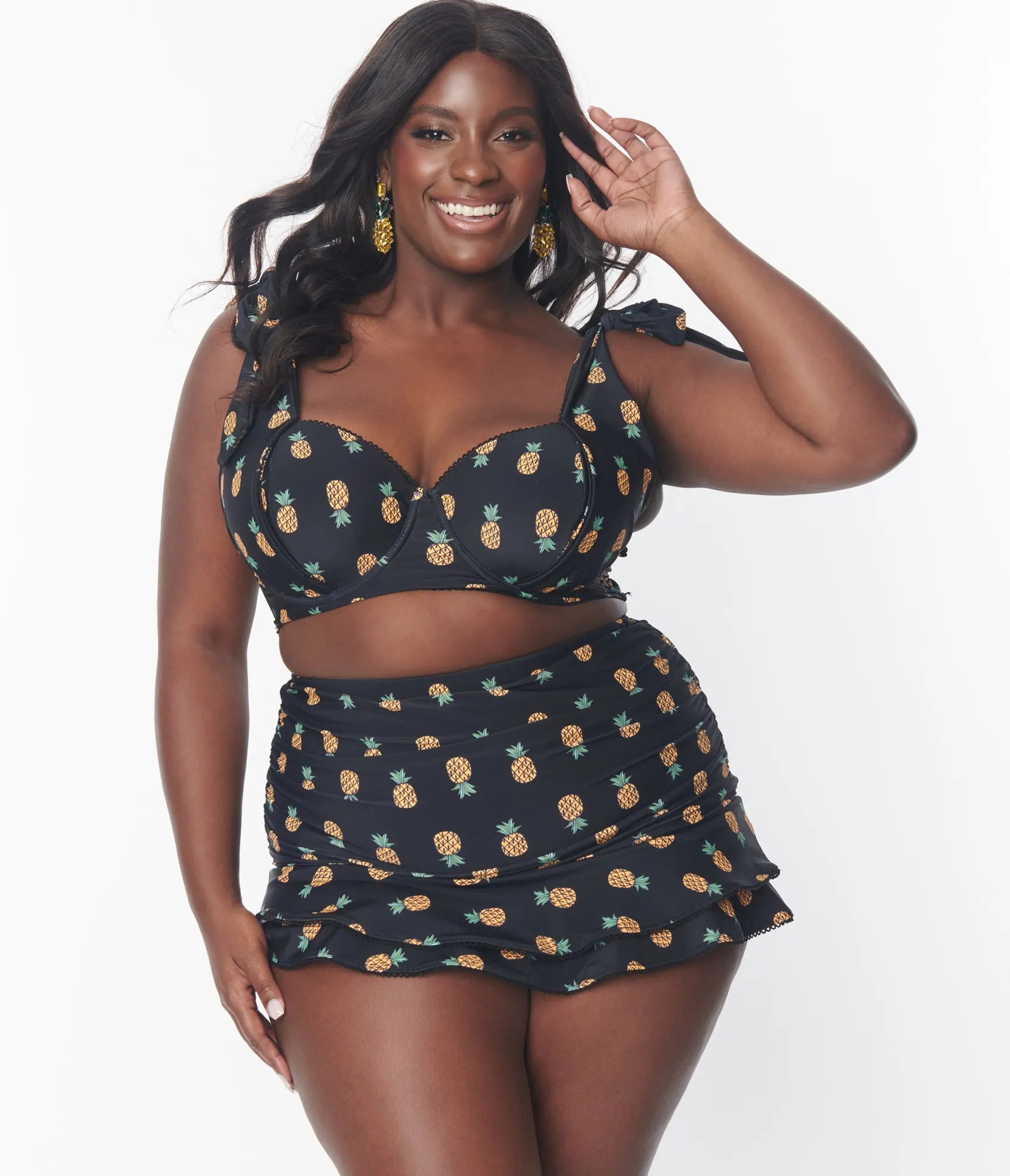 Unique Vintage Plus Size Black & Pineapple Print Totally Tied Up Swim Top