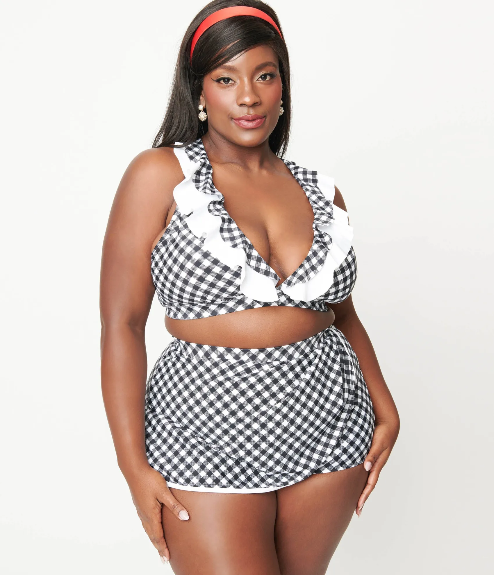 Unique Vintage Plus Size Black & White Gingham High Waist Skort Swim Bottom