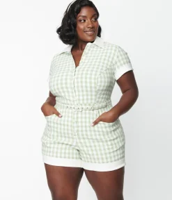 Unique Vintage Plus Size Sage & White Gingham Patsy Romper