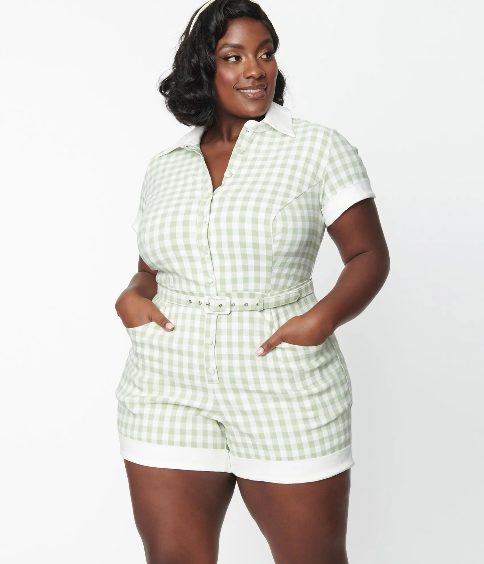 Unique Vintage Plus Size Sage & White Gingham Patsy Romper