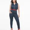 Unique Vintage Plus Size Blue Denim & Red Belt Skinny Jumpsuit