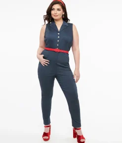 Unique Vintage Plus Size Blue Denim & Red Belt Skinny Jumpsuit