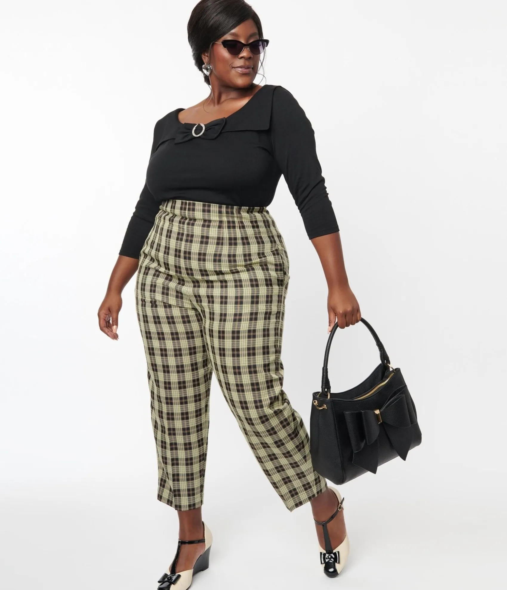 Unique Vintage Plus Size 1930s Cream & Black Plaid Front Pleat Pants