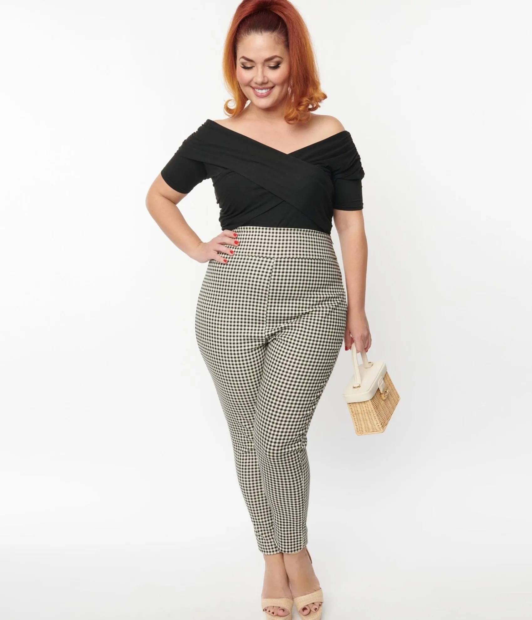 Unique Vintage Plus Size Ivory & Black Gingham Rizzo Cigarette Pants