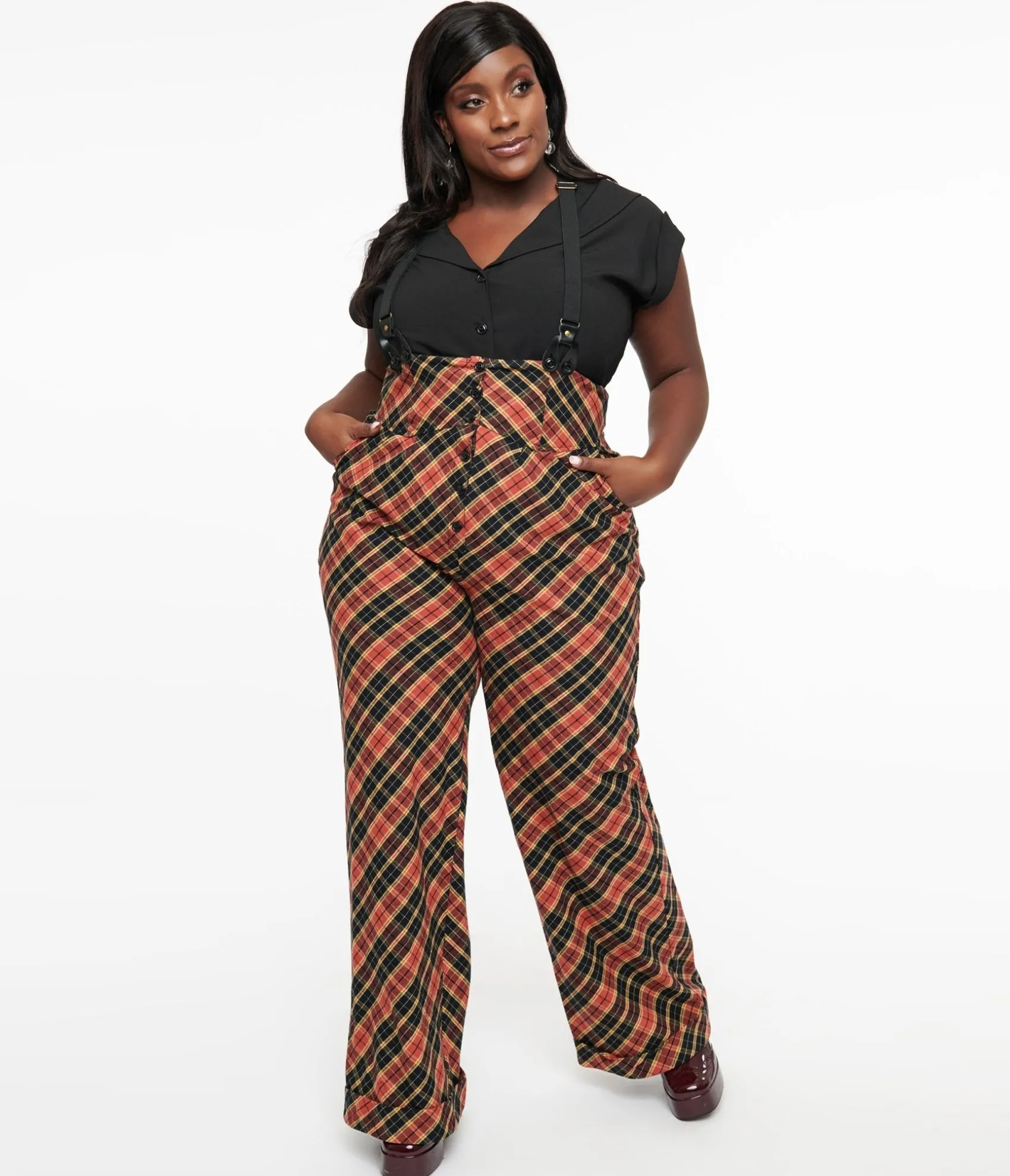 Unique Vintage Plus Size 1930s Black & Rust Plaid Thelma Suspender Pants