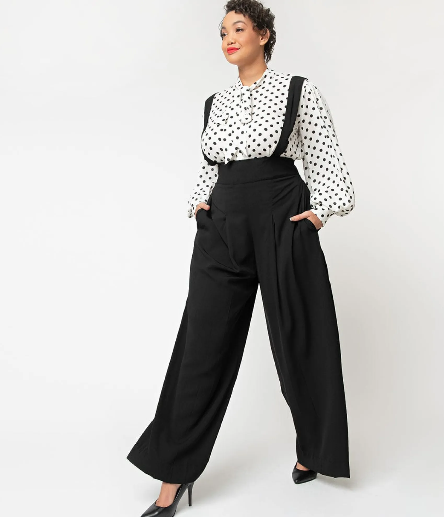 Unique Vintage Plus Size Black Wide Leg Rochelle Suspender Pants