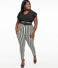 Unique Vintage Plus Size Black & White Stripe Belted Rizzo Cigarette Pants