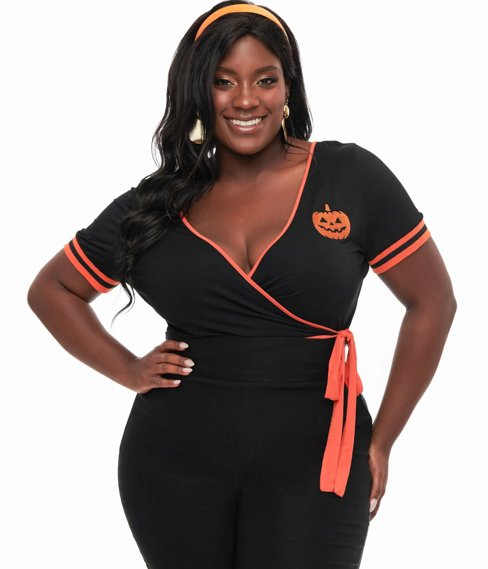 Unique Vintage Plus Size 1970s Black & Orange Pumpkin Surplice Bodysuit